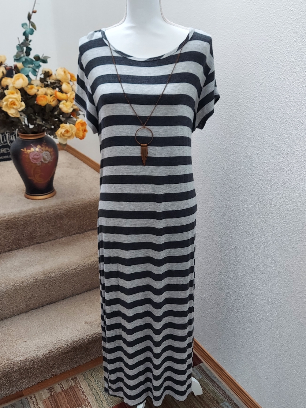 Striped Black and White Maxi Dress Size 1X. Lightweight. Stretchy. Comfort.